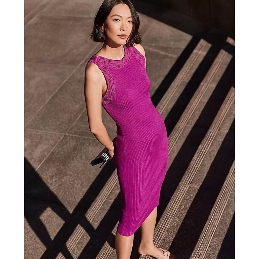 Ann Taylor Crochet Trim Halter Ribbed Knit Stretch Midi Dress Magenta Shadow